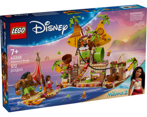 LEGO Disney 43258 Kakamora Barge set box showing Maui, Moana, and a detailed Kakamora boat with play features on the ocean.