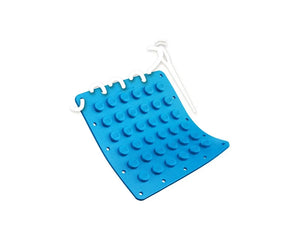 Blue flexible LEGO Dots stitch-on patch with studs, each embossed with 'LEGO', and white hooks with a cord.