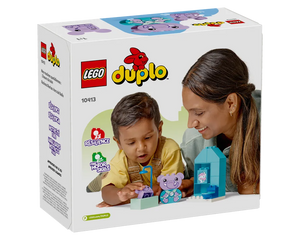 LEGO DUPLO 10413 Daily Routines: Bath Time box, featuring a child and adult playing with an elephant figure and purple animal in a tub.