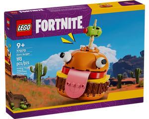 LEGO Fortnite 77070 Durrr Burger set box, featuring the built burger model in a desert landscape with cacti.