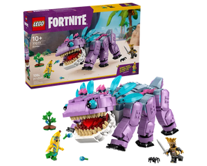 LEGO Fortnite 77077 Klombo set featuring a large purple creature, Peely, a king minifigure, spider, and berry bush.