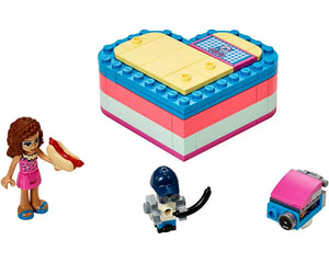 LEGO Friends 41387 Olivia's Summer Heart Box with a colorful heart-shaped box, Olivia minidoll, hot dog, robot, and camera.