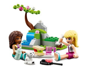 Two LEGO Friends mini-dolls play with a Dalmatian puppy, a tree, waterfall, bottle, bone, and food accessories.
