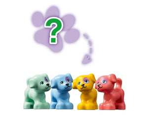 Four colorful LEGO Friends puppy figures in a row beneath a purple paw print with a green question mark.