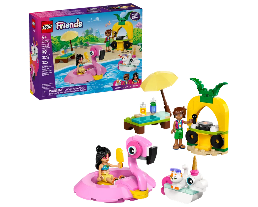 LEGO Friends 42658 Unicorn & Flamingo Pool Party set with box, mini-dolls, flamingo float, unicorn float, pineapple DJ booth, sun lounger.