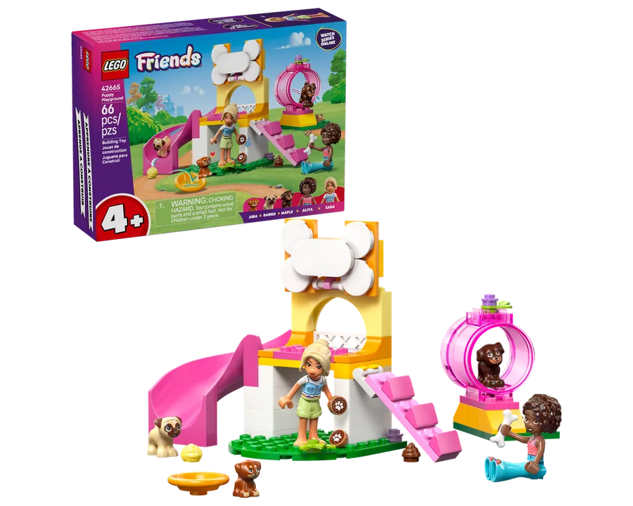 LEGO Friends 42665 Puppy Playground set with two mini-dolls, three puppies, slide, stairs, and spinning tunnel.