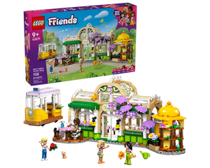 LEGO Friends 42671 Plant Café & Flower Shop set with box, built café, flower shop, tram, and minifigures.
