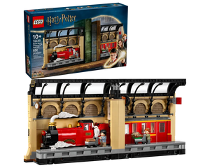 LEGO Harry Potter 76450 Book Nook Hogwarts Express set showing the box and built model of Platform 9 3/4 with train.