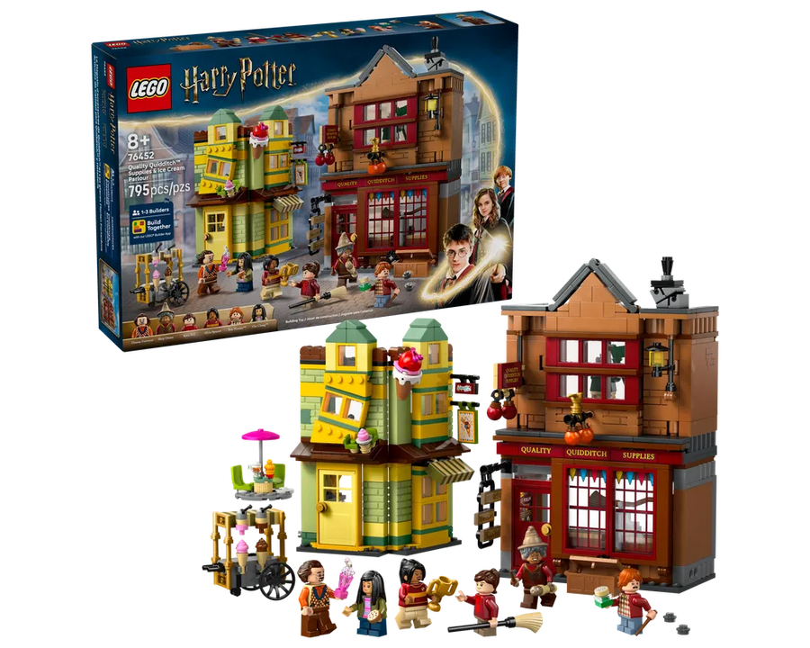 LEGO Harry Potter 76452 set showing Quality Quidditch Supplies & Ice Cream Parlour buildings, an ice cream cart, and minifigures.