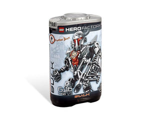 LEGO Hero Factory 7168 Dunkan Bulk set in its cylindrical packaging, featuring a silver and red robot character.