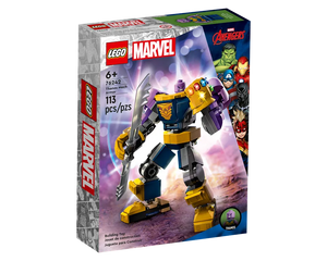 LEGO Marvel 76242 Thanos Mech Armor set box with the built mech holding a sword and Thanos minifigure.