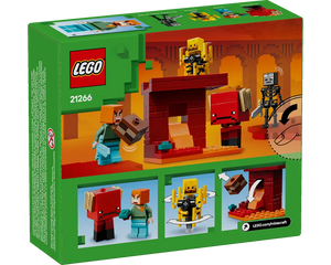 Back of LEGO Minecraft 21266 box showing Alex, Strider, Blaze, and Skeleton figures in a Nether lava battle scene with play features.