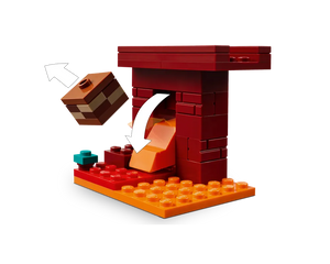LEGO Minecraft Nether build: red structure over orange lava-like base. A brown and tan cake block falls into the structure.