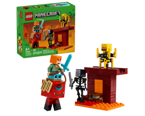 LEGO Minecraft 21266 The Nether Lava Battle set with Alex on a Strider, Wither Skeleton, Blaze, and a lava structure.