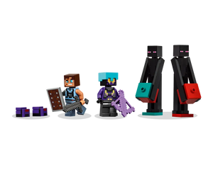 LEGO Minecraft The Enderman Tower set featuring a Steve-like figure, a purple armored figure, and two Endermen holding blocks.