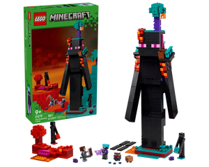 LEGO Minecraft 21279 The Enderman Tower set: green box and built model with a large black tower, minifigures, and smaller builds.