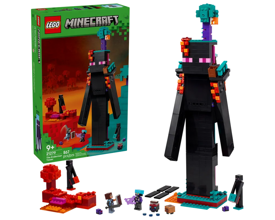 LEGO Minecraft 21279 The Enderman Tower set: green box and built model with a large black tower, minifigures, and smaller builds.