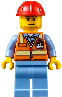 LEGO Minifigure air050 - Oranje veiligheidsvest met reflecterende strepen, medium blauwe benen, rode bouwhelm, grijns en stoppels