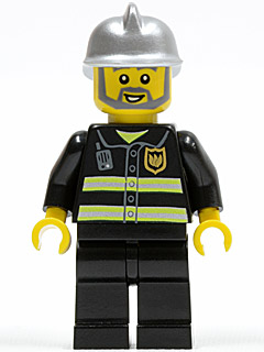 LEGO Minifigure cty0004 - Brandweer - Reflecterende Strepen, Zwarte Benen, Zilveren Brandweerhelm, Grijze Baard