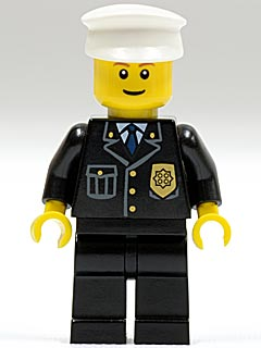 LEGO Minifigure cty0005 - Politie - City pak met blauwe stropdas en badge, zwarte benen, witte pet, bruine wenkbrauwen, dunne grijns