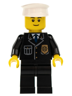 LEGO Minifigure cty0005a - Politie - City pak met blauwe stropdas en badge, zwarte benen, witte pet, zwarte wenkbrauwen, dunne grijns
