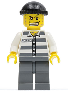LEGO Minifigure cty0007 - Politie - Gevangene 50380 Gestreepte gevangenisoutfit, Donker blauwgrijze benen, Zwarte muts, Gouden tand