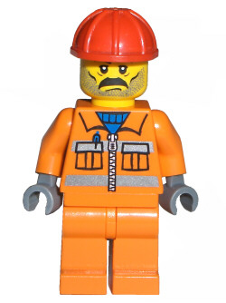 LEGO Minifigure cty0010 - Bouwvakker - Oranje rits, veiligheidsstrepen, oranje armen, oranje benen, rode bouwhelm, snor en stoppels