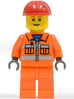 LEGO Minifigure cty0031 - Construction Worker - Orange Zipper, Safety Stripes, Orange Arms, Orange Legs, Red Construction Helmet, Brown Eyebrows, Thin Grin