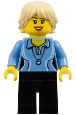 LEGO Minifigure cty0355 with tan tousled hair, medium blue shirt with two buttons and shell pendant, black legs.