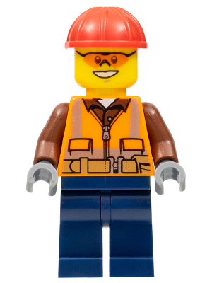 LEGO Minifigure cty0584 - Construction Worker - Male, Orange Safety Vest, Reflective Stripes, Reddish Brown Shirt, Dark Blue Legs, Red Construction Helmet, Orange Safety Glasses