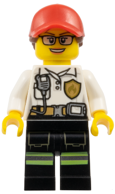 LEGO Minifigure cty0970 - Fire - Female White Shirt with Fire Logo Badge and Belt, Reflective Stripes on Black Legs, Red Cap with Ponytail