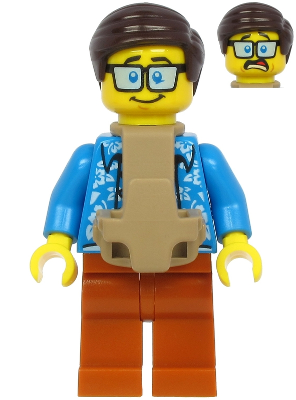 LEGO Minifigure cty1185 - Plane Passenger - Male, Dark Brown Hair, Dark Azure Hawaiian Shirt, Dark Orange Legs, Baby Carrier