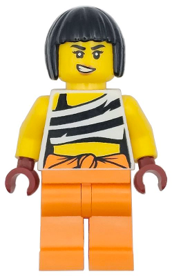 LEGO Minifigure cty1744 - Police - City Bandit Crook Female, White Tank Top Cropped with Black Stripes, Orange Legs, Black Bob Cut Hair