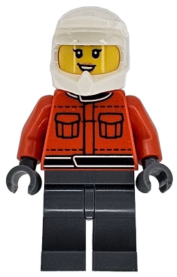 LEGO Minifigure cty1865 - Formula 1 Pit Crew Member - Female, Reddish Orange Racing Suit with Pockets, Dark Bluish Gray Legs, White Dirt Bike Helmet