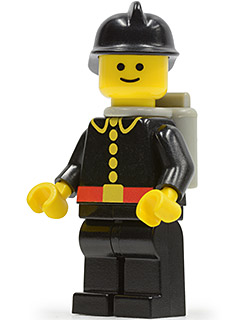 LEGO Minifigure firec024 - Classic Firefighter in black uniform, black helmet, red belt, yellow buttons, and light gray air tanks.