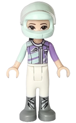 LEGO Minifigure frnd261 - Friends Emma - White Trousers, Light Aqua and Medium Lavender Racing Jacket, Light Aqua Racing Helmet with Black Ponytail