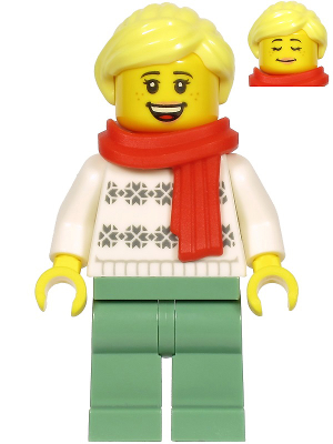 LEGO Minifigure hol216 - Woman, White Turtleneck Sweater, Sand Green Legs, Bright Light Yellow Hair, Red Scarf