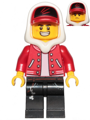 LEGO Minifigure hs001 - Jack Davids - Red Jacket with Cap and Hood (Large Smile / Grumpy)