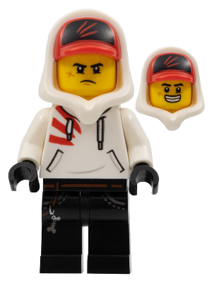 LEGO Minifigure hs004 - Jack Davids - Witte hoodie met pet en capuchon (Grote glimlach / Chagrijnig)