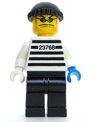 LEGO Minifigure ixs002 Xtreme Stunts Brickster. Yellow head with black mask & green eyes, black knit cap, striped shirt with 23768, black legs.