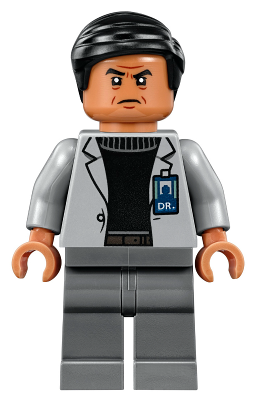 LEGO Minifiguur jw017 - Dr. Henry Wu - Licht blauwgrijs jasje, Glimlach / Boze frons