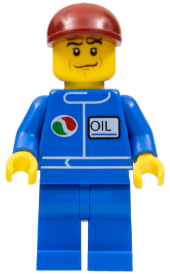 LEGO Minifigure oct069 - Octan - Blue Oil, Blue Legs, Dark Red Short Bill Cap, Crooked Smile