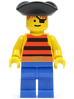 LEGO Minifigure pi026 - Pirate Red / Black Stripes Shirt, Blue Legs, Black Pirate Triangle Hat