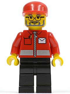 LEGO minifigure with red cap, gray beard, glasses, red jacket with a white envelope logo, silver zipper, and black legs.