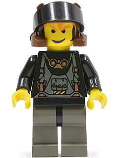 LEGO Minifigure rck008 Axel with a black visor helmet, orange hair, dark shirt with goggles print, and dark grey pants.