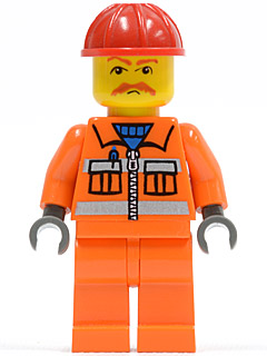 LEGO Minifigure trn129a - Orange Vest with Safety Stripes - Orange Legs, Red Construction Helmet, Brown Moustache, Dark Bluish Gray Hands