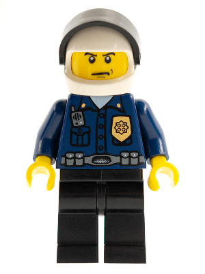 LEGO Minifigure wc023 - Police - World City Patrolman, Dark Blue Shirt with Badge and Radio, Black Legs, White Helmet, Black Visor
