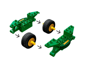 Four-step LEGO building guide showing a green vehicle base being assembled with two black and yellow wheels.
