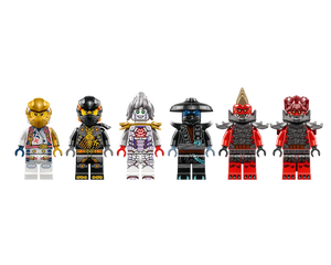 Six LEGO Ninjago minifigures from Zane's Ultra Combiner Mech set 71834: Zane, Cole, P.I.X.A.L., Master Wu, Ras, Jordana.