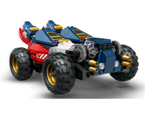 A red and dark blue LEGO NINJAGO Zane's Ultra Combiner Mech vehicle, with large black tires and gold rims, captured in motion.